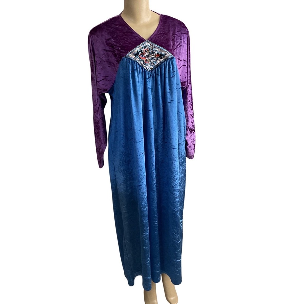 Oscar De La Renta For Swirl Dress 70s Crushed Velvet Embellished Kaftan Circa